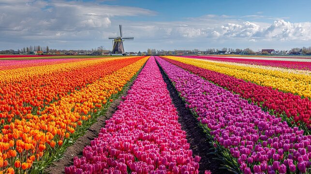 Vast Netherlands lowland spring landscape, orderly parallel striped tulip field, pink orange yellow purple crimson colorful dense blooming flower belts are separated by dark brown ridges extending to