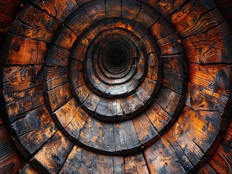 A rustic old wood structure forms concentric circular layers that shrink inwards gradually, showing distinct rough wooden texture, clear splicing gaps between fan-shaped wood pieces, rich depth as