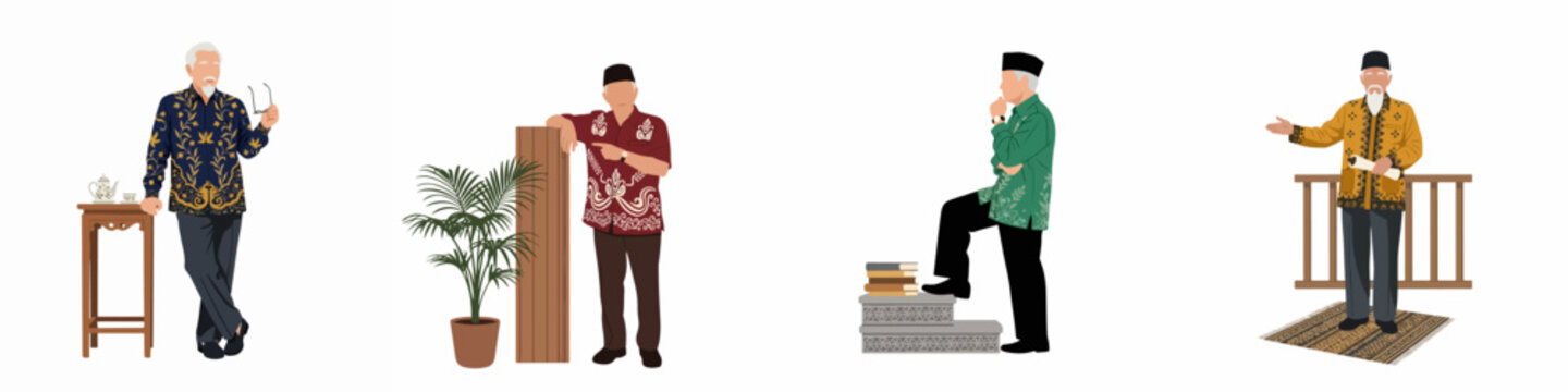 Set of illustrations depicting elderly Indonesian men in traditional batik shirts and peci caps, showcasing various dignified poses and cultural elements.