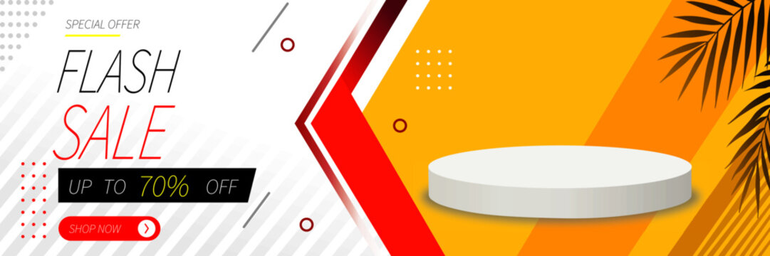 Modern Flash Sale Banner with 3D Podium Product Display and Orange Abstract Discount Background for Ecommerce Promotion