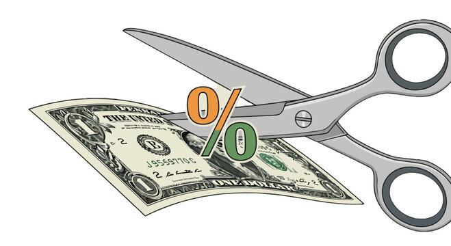 Scissors cutting dollar bill with percent signs isolated on transparent background, Vector