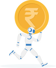 Fototapeta premium AI robot running with giant gold rupee coin