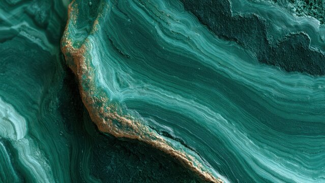 Vibrant malachite stone showcases intricate natural green layers flowing around striking golden veins.
