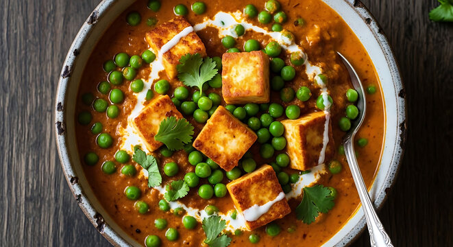 Matar paneer featuring cubes of fried cheese and green peas rests in a rustic bowl with yogurt swirl.