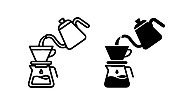 Pour Over Coffee Maker Icon Set, Manual Brewing Equipment Vector Graphics, Hot Beverage Preparation Tools