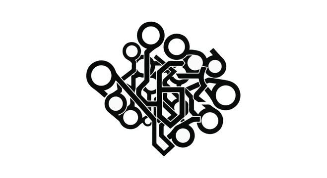 Abstract black geometric pattern with circular elements forms a complex, interconnected design on a white background.