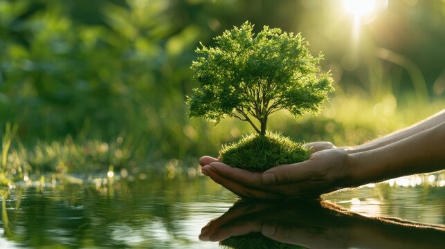 Green tree sapling nurtured in cupped hands above reflective pond during golden hour for environmental conservation marketing
