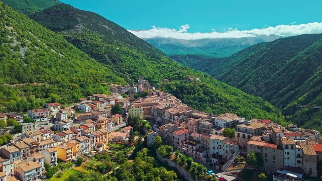 Aerial view of Pacentro medieval village and Caldora Castle in Abruzzo