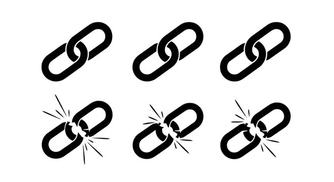 Black chain links breaking apart isolated on transparent background, Vector