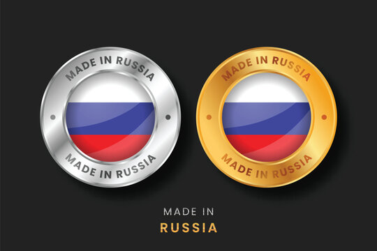 High-quality circular gold and silver labels with the Russia flag. Made in Russia emblems for local product certification, exports, and manufacturing origin verification for global trade.