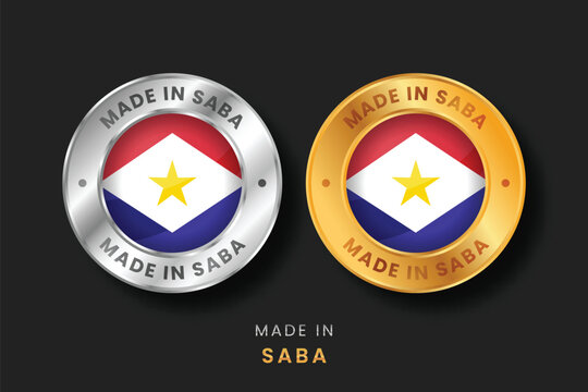 Premium circular gold and silver labels with the Saba flag. High-quality Made in Saba emblems for local products, Caribbean manufacturing origin, and authentic trade certification.