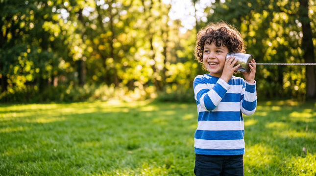 Happy curly haired boy listening to tin can string telephone in sunny green park outdoors