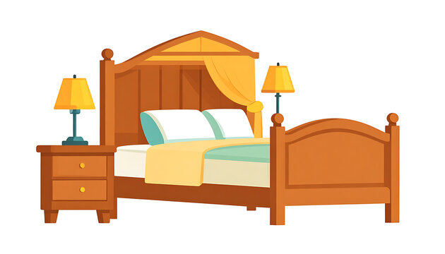Pixel art wooden bed with canopy and nightstand, featuring soft bedding and lamps, suitable for game assets or interior design mockups