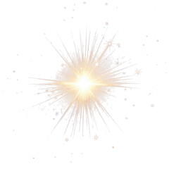 Fototapeta premium Golden starburst explosion with radiating light rays and scattered glowing particles on a solid black background