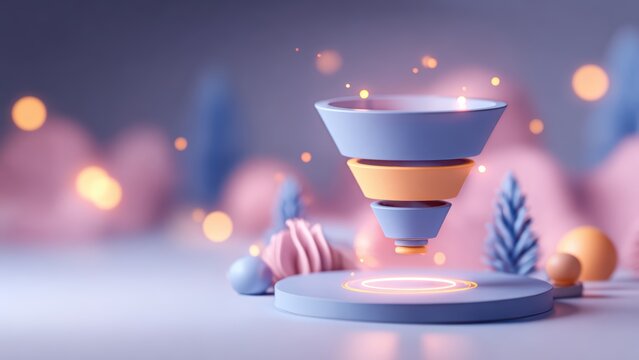 Modern 3D render of a pastel conversion funnel with glowing base and bokeh lights for business optimization strategy.