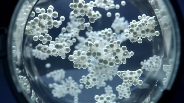 Microscopic macro view of white protein molecules or cells clumping and bonding together in fluid environment