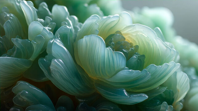 Detailed close up of a translucent jade flower carving with elegant petals and soft green lighting - Generative AI