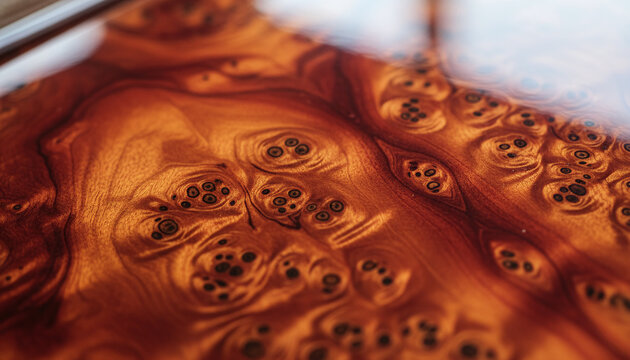 Highly polished Amboyna burl wood veneer texture with fiery red grain
