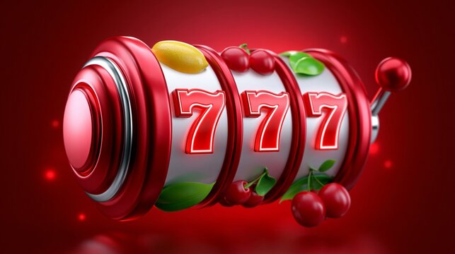 Ein roter Spielautomat mit drei Walzen zeigt dreimal die Zahl 777 und Fr&uuml;chte auf rotem Hintergrund.