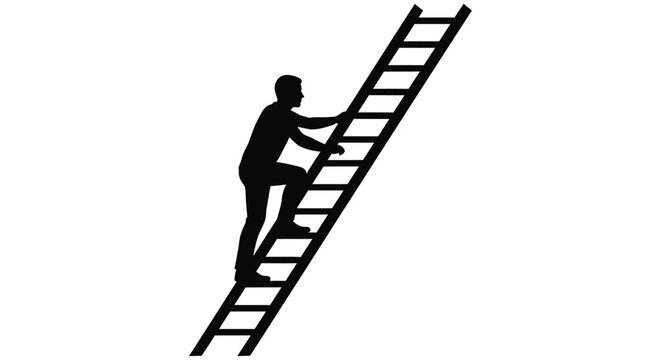 Silhouette of a man climbing a ladder against a white background