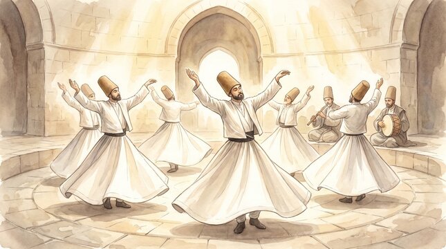 Sufi whirling ceremony with dervishes in white robes spinning to music