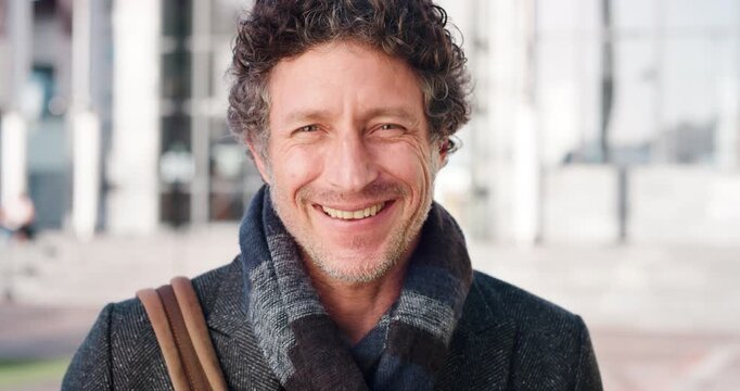 City, face and travel with business man on sidewalk for career opportunity or development. Buildings, commute and job satisfaction with mature employee outdoor in urban town for work professionalism