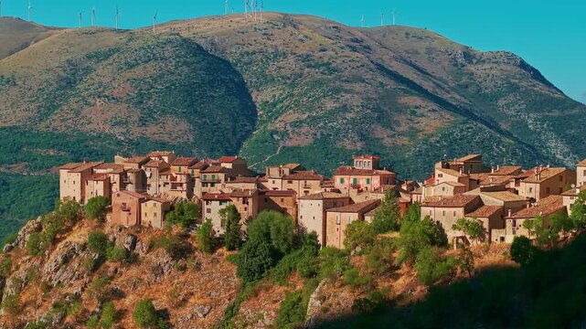 Aerial view of hilltop medieval village Castrovalva in Abruzzo