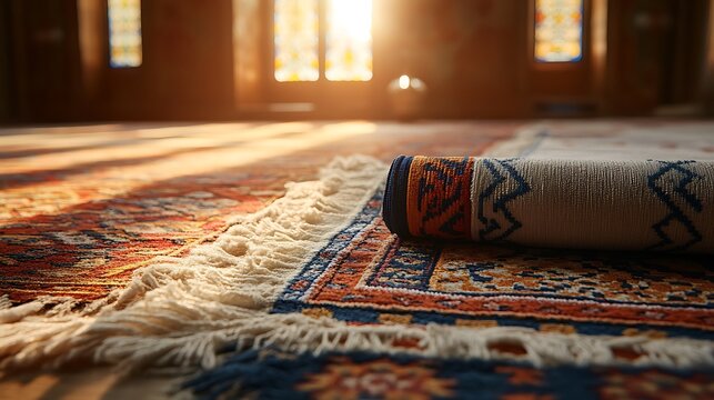 Prayer Mat on Rug in Sunlit Mosque Interior for Islamic Worship.
