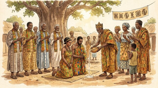 Traditional wedding blessing ceremony in rural Ghana with kente cloth and elders