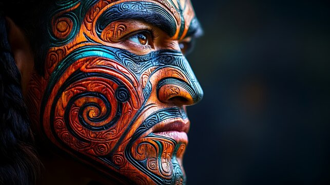Portrait of a Maori Man with Traditional Facial Tattoos and Cultural Art.