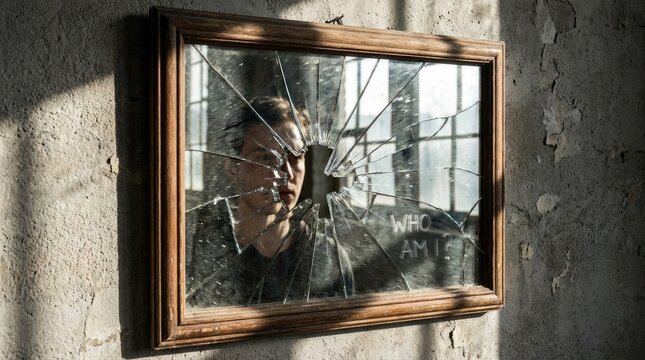A man's somber reflection in a shattered mirror, intensely questioning his identity, profound introspection, emotional distress, existential uncertainty within a dark setting