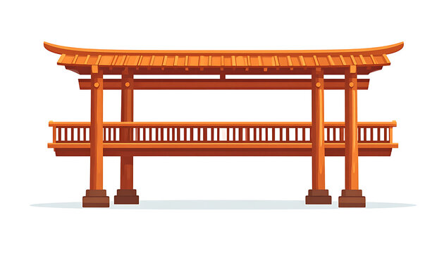 Traditional wooden Japanese torii gate structure with intricate roof details and a railing, isolated on white, symbol of spirituality and entrance