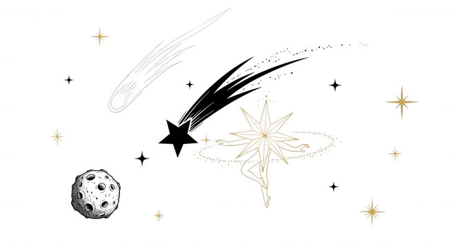 Hand drawn celestial featuring a dancing star figure, a cratered moon, and two streaking comets on a black background