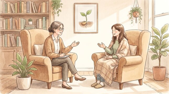 Psychiatrist and patient in a comfortable therapy session room in a safe space