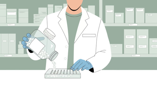 Pharmacist in white coat pouring pills from bottle into dispenser, pharmacy background