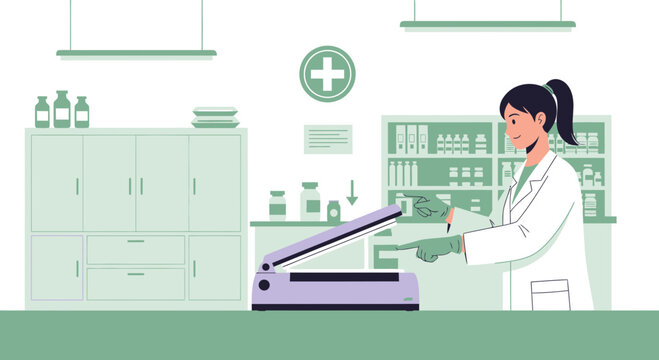 Pharmacist in white coat uses laminator in pharmacy backroom with shelves of medicine