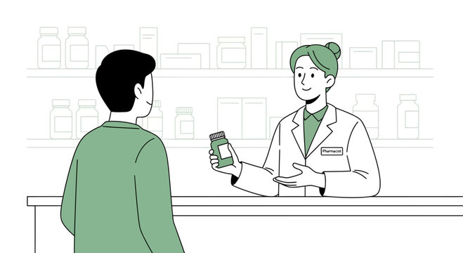 Pharmacist showing medicine bottle to customer at counter in pharmacy