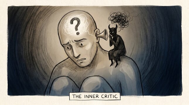 Inner critic depicted as a small dark figure whispering into the ear of a larger uncertain figure