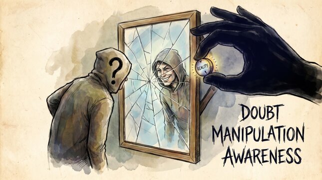 Gaslighting depicted as a figure questioning their own reflection and reality manipulation