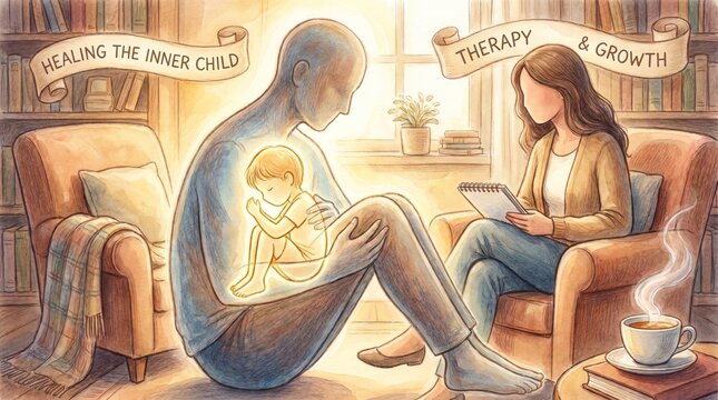 Inner child depicted as an adult figure with a small younger version visible inside