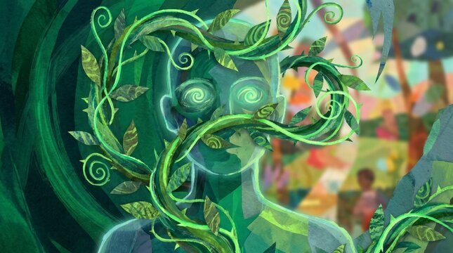 Jealousy depicted as a green vine creeping over a figure's vision and obscuring reality