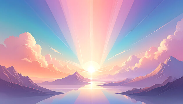 Pixel art sunrise over serene mountains and tranquil lake, vibrant pastel sky with sun rays, beautiful landscape