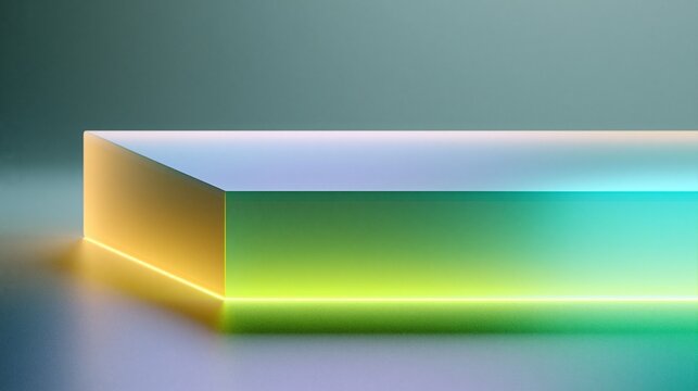 Ein leuchtendes wei&szlig;es Quader-Objekt mit gr&uuml;n-gelbem Neonlicht auf grauem Hintergrund in einer abstrakten 3D-Darstellung.
