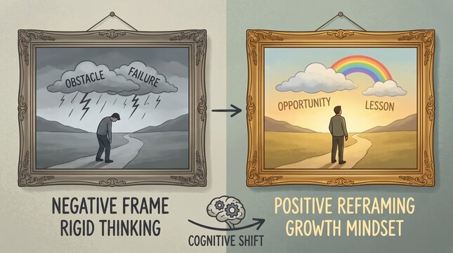 Cognitive reframing depicted as the same scene viewed through two differently labelled frames
