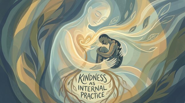 Self-compassion depicted as a figure gently holding their own hurting version