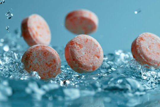 Effervescent tablets falling into splashing water creating bubbles