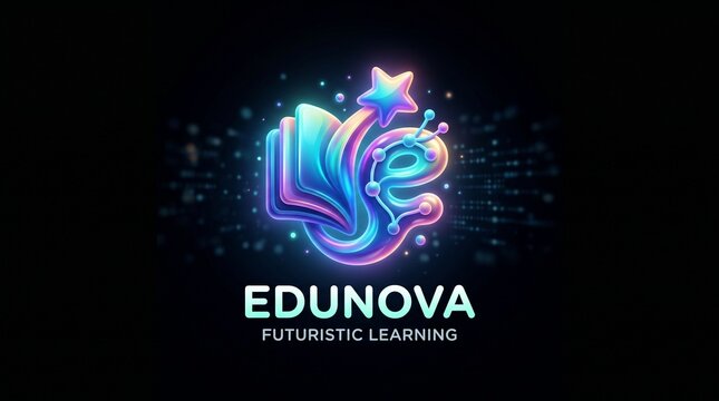 Futuristic Edunova logo with a glowing neon book and star icon on a dark background