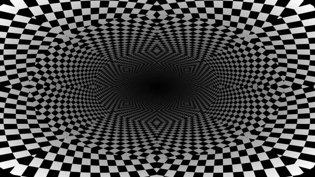 Monochrome swirling geometric vortex hypnotic tunnel music video seamless loop
