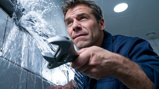 Ein Mann h&auml;lt einen Schraubenschl&uuml;ssel und repariert unter dramatischen Bedingungen eine Wasserleitung mit spritzendem Wasser.