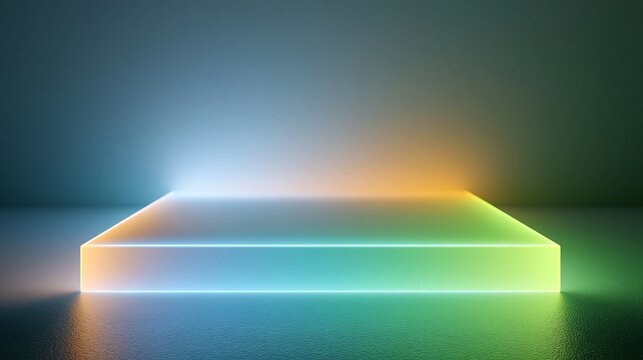 Ein leuchtendes wei&szlig;es Quader-Objekt mit gr&uuml;n-gelbem Neonlicht auf grauem Hintergrund in einer abstrakten 3D-Darstellung.